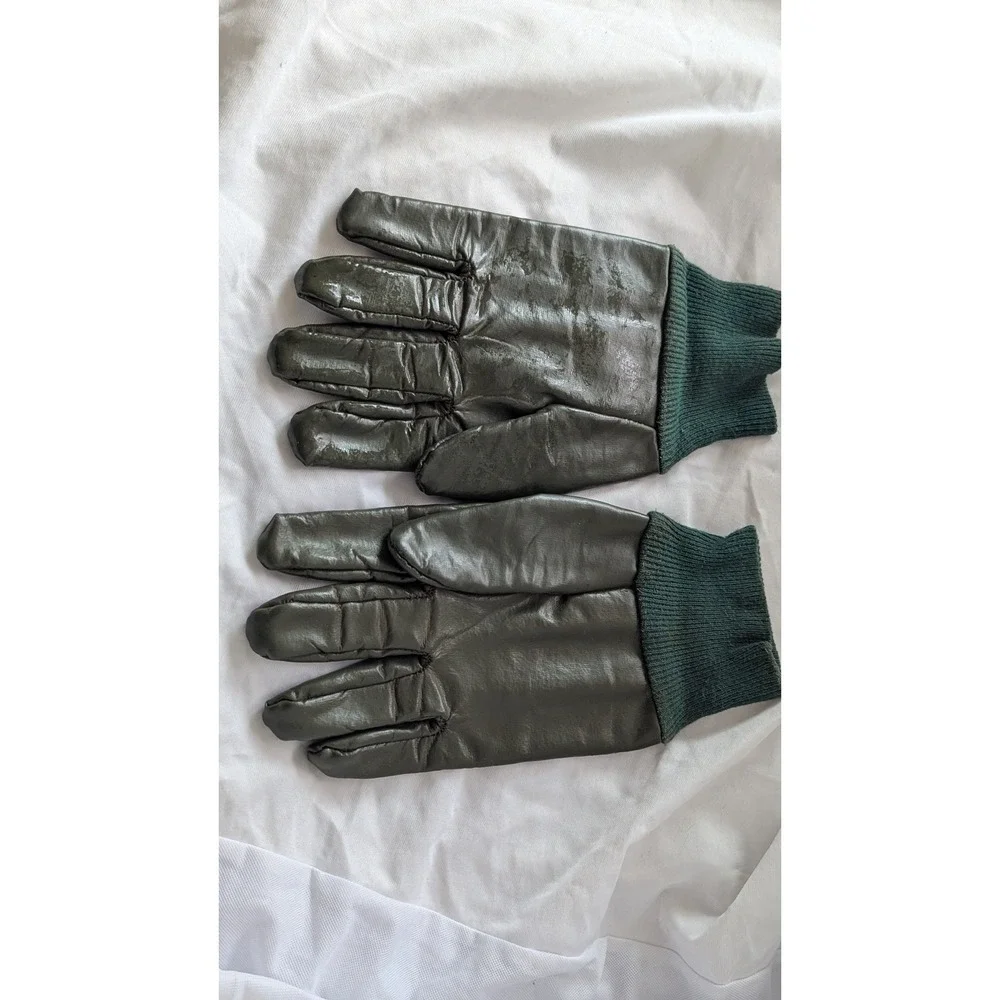 Vintage Dark Green Leather‎ Gloves Ribbed Knit Cuffs Fleece Lined Winter Forest